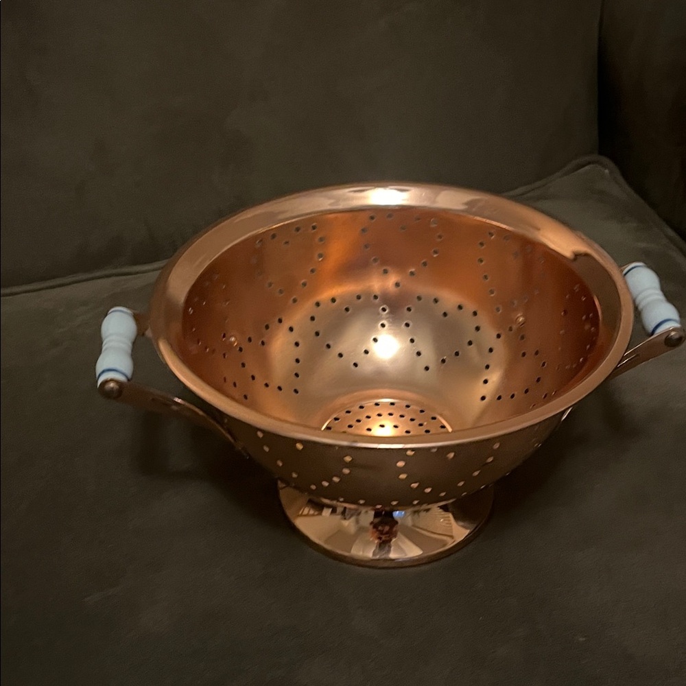 Copper Colander with Blue Handles